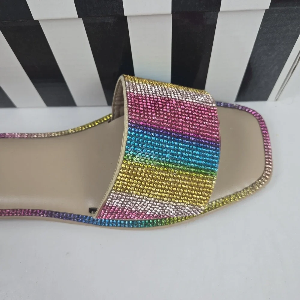 Camel Threads XO Cosmo Striped Rhinestone Slides Open Toe Flats Womens 9 NIB $48